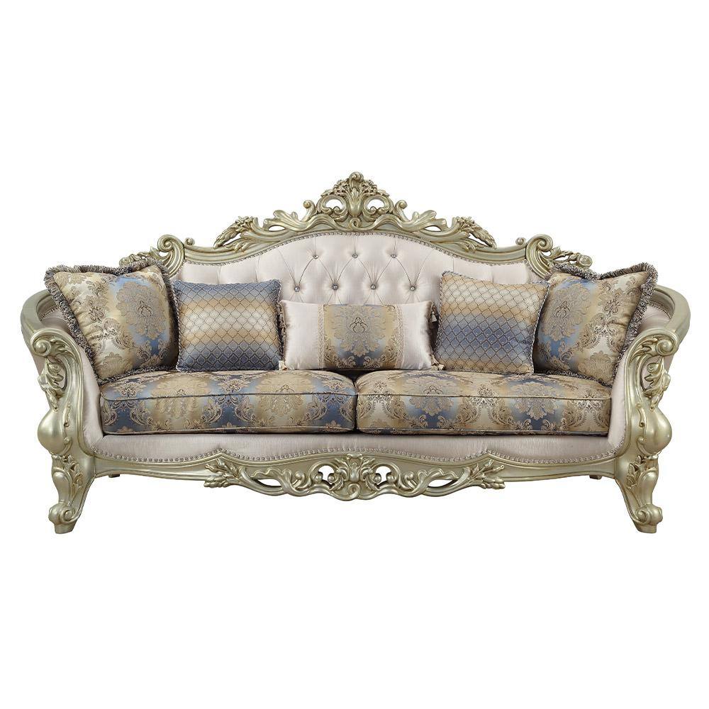 Elegant Antique White Floral Tufted Sofa with Nailhead Trim