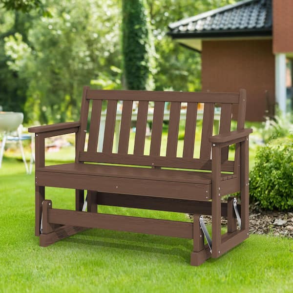 HDPE Brown Outdoor Bench, 2 Person Plastic Glider Rocking Chair for Swings Outside Loveseat for Garden Porch