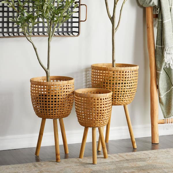 Litton Lane 26 in., 23 in., and 20 in. Large Brown Bamboo Handmade Woven Planter (3- Pack)