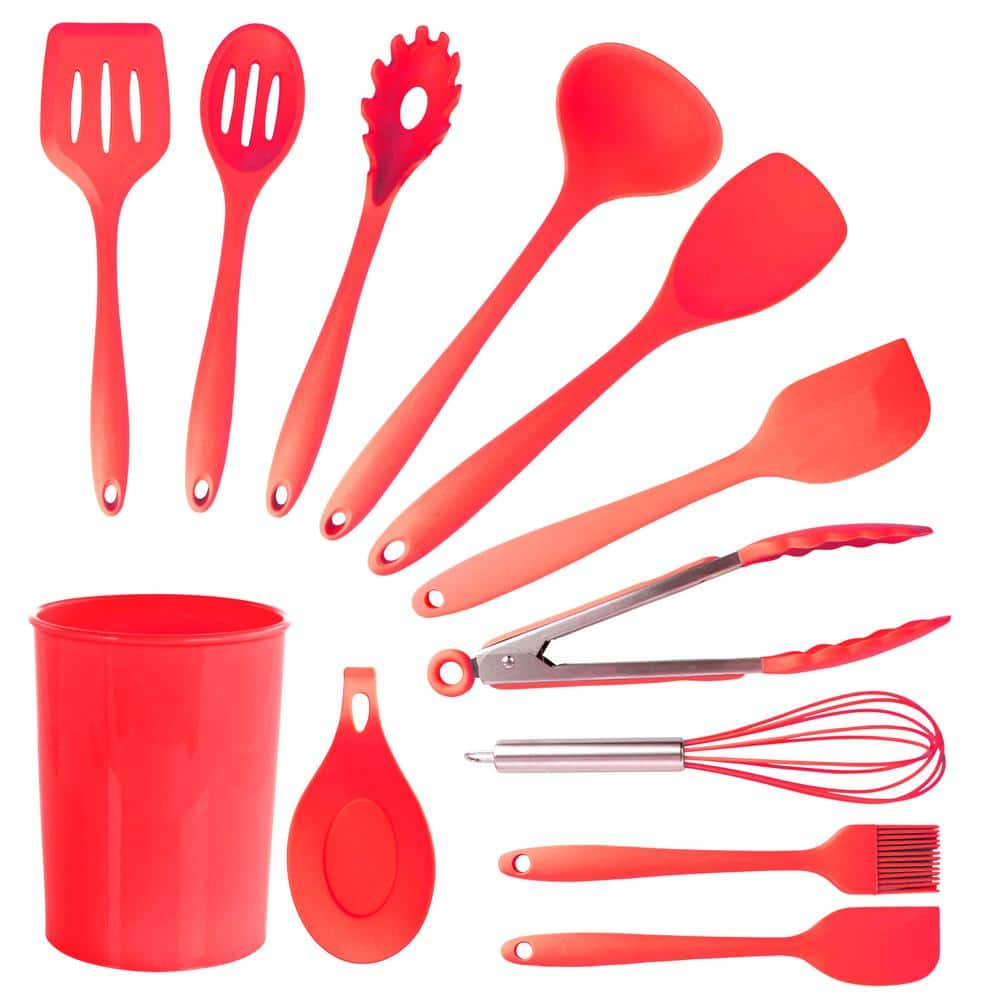 Orblue Silicone Cooking Utensil Set, 14-Piece Kitchen Utensils with Holder,  Safe Food-Grade Silicone Heads and Stainless Steel Handles with Heat-Proof  Silicone Handle Covers, Red 