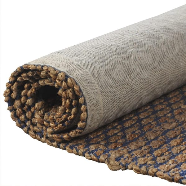 Hand Woven Natural Fiber Tan / Blue 7 ft. 9 in. x 9 ft. 9 in. Geometric Jute Blend Area Rug