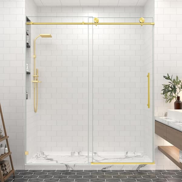 55 to 60 in. W x 76 in. H Sliding Frameless Shower Door in Brushed Gold Finish with 5/16 in. Clear Tempered Glass