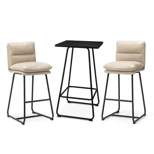 Glitzhome Pub Table Set - Modern Square Bar Table with Black Oak Veneer Top and Cream Thick Leatherette Bar Stools (Set of 3 )
