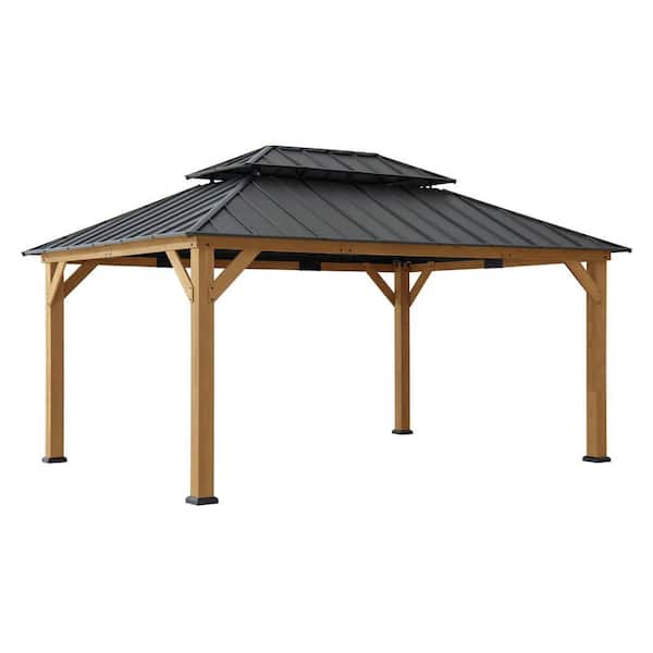 12 ft. x 16 ft. Outdoor Patio Steel Hardtop Gazebo, Cedar Framed Wooden Gazebo with 2-Tier Metal Roof, Dark Brown