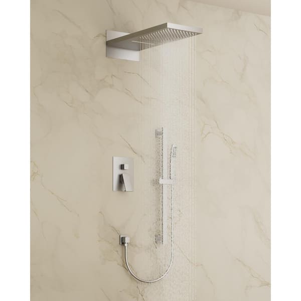 YAWWALK 3-Spray 22 in. Rectangle Wall Mount Rainfall and Waterfall Shower System in Brushed Nickel(Valve Included)