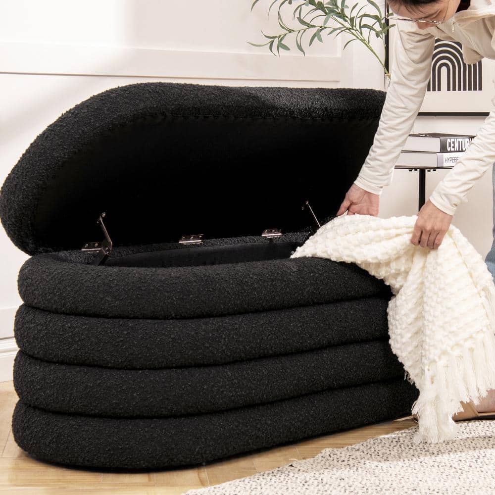 Ebony Black Boucle Upholstered Oval Storage Bench with Hinged Lid