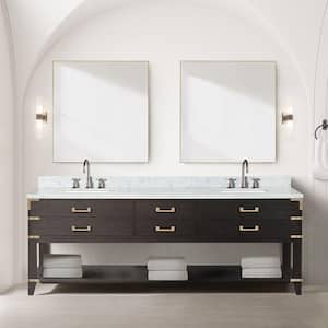Irvington 84 in W x 22 in D Brown Oak Double Bath Vanity, Carrara Marble Top, and 36 in Mirrors