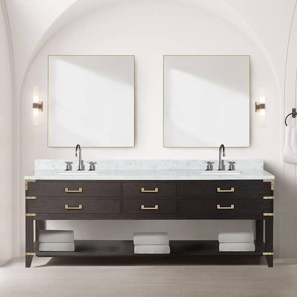 Lexora Irvington 84 in W x 22 in D Brown Oak Double Bath Vanity, Carrara Marble Top, and 36 in Mirrors