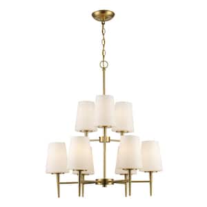 Horizon 9-Light Gold Hanging Tiered Chandelier Light Fixture with Frosted Glass Shades