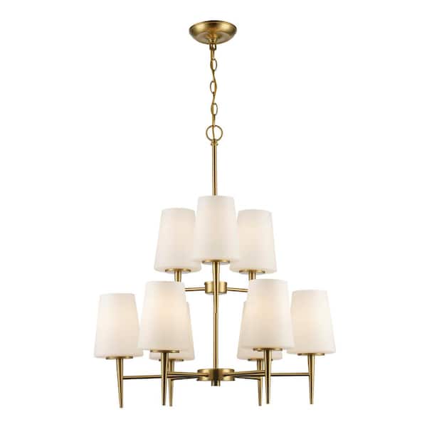Horizon 9-Light Gold Hanging Tiered Chandelier Light Fixture with Frosted Glass Shades