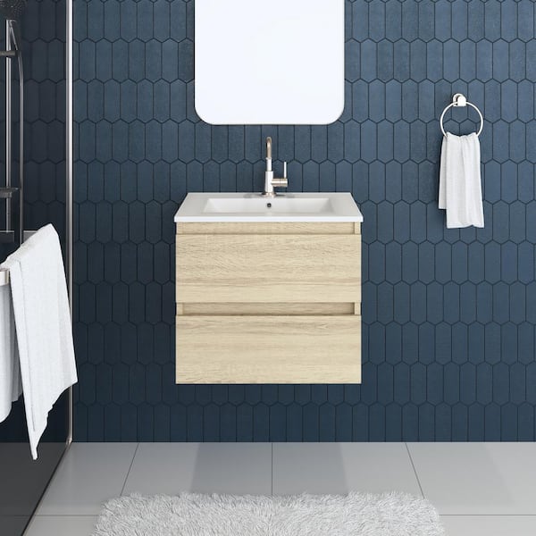 VOLPA USA AMERICAN CRAFTED VANITIES Salt 24 in. W x 18 in. D x 21 in. H Wall-Mounted Floating Bathroom Vanity in White Oak with Ceramic Porcelain Top