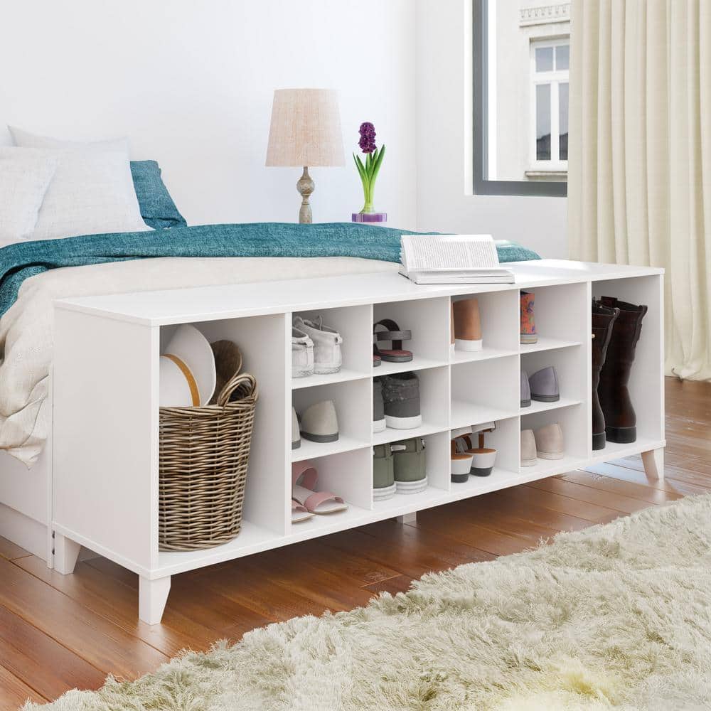 White Wooden Entryway Shoe Storage Bench with 14 Cubbies
