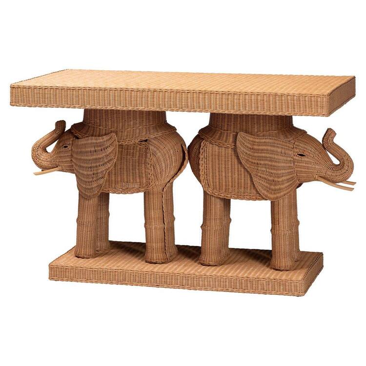 bali & pari Elissa 51.6 in. Light Honey Specialty Wicker Rattan Elephant Console Table