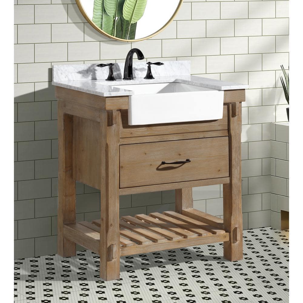 Marina Weathered Fir and Carrara Marble Farmhouse Bathroom Vanity