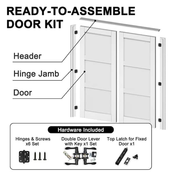 48 in. x 80 in. Paneled Blank 3-Lite White Solid Core MDF Universal Handed Double Prehung French Door with Assemble Jamb