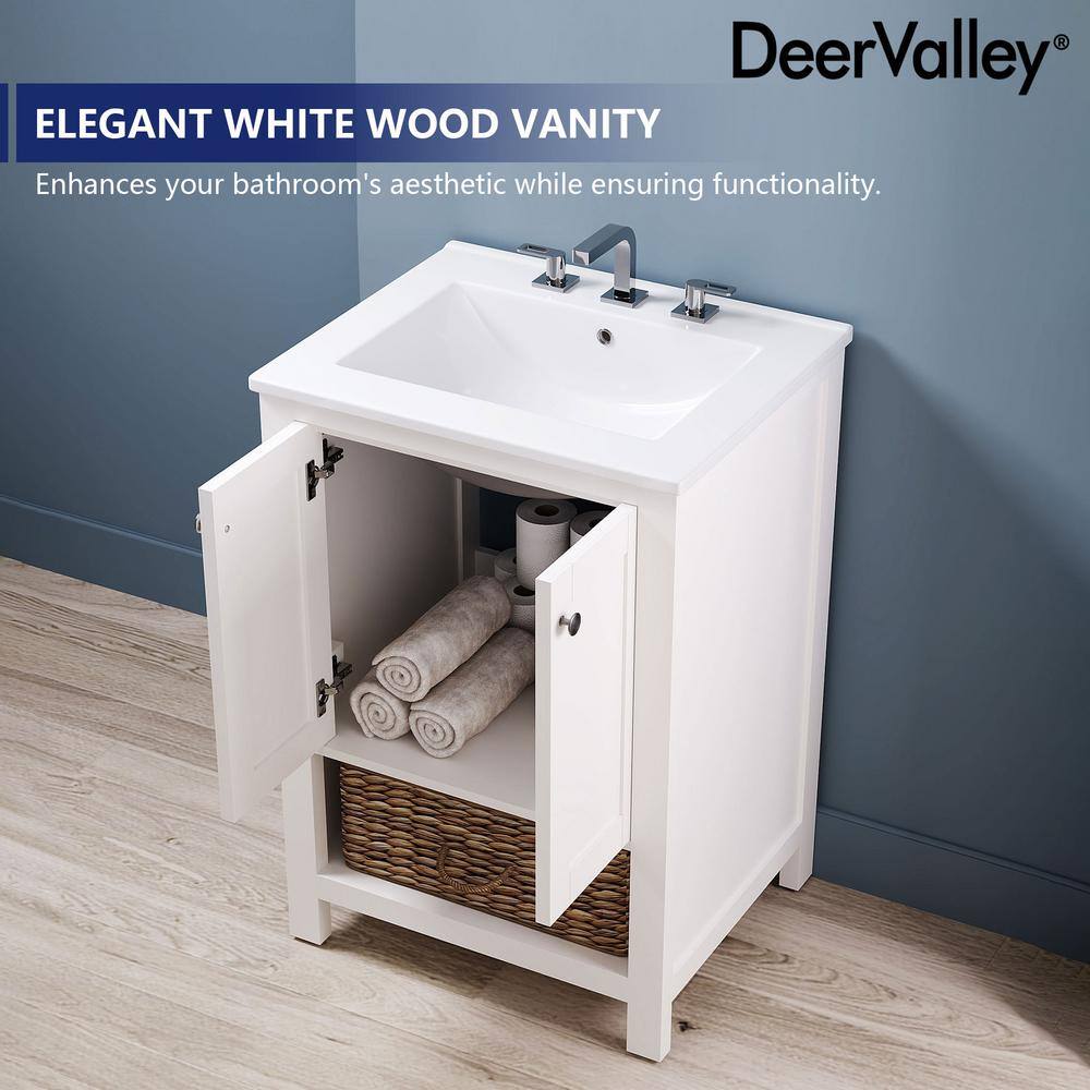 24" White Freestanding Bathroom Vanity with Ceramic Top and Woven Basket