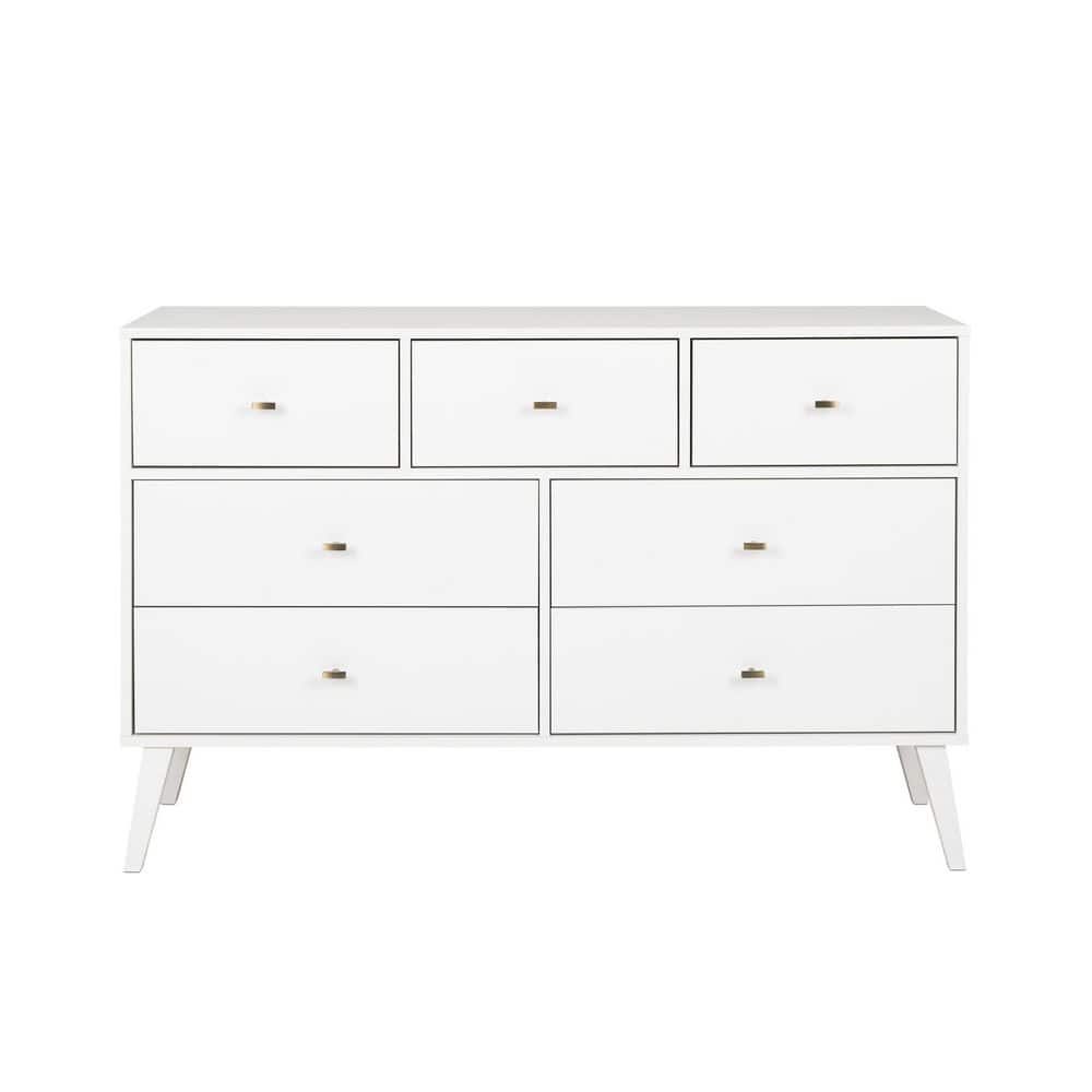White Mid-Century Modern Double Dresser with Brass Knobs
