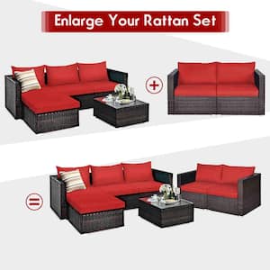 4-Piece Plastic Wicker Outdoor Sectional Set with Cushion Red Patio Rattan Corner Sofa Sectional Furniture Set