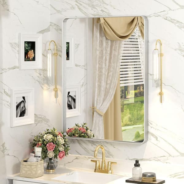 Apmir 24 in. W x 32 in. H Rectangular Aluminum Alloy Framed and Tempered Glass Wall Bathroom Vanity Mirror in Brushed Silver