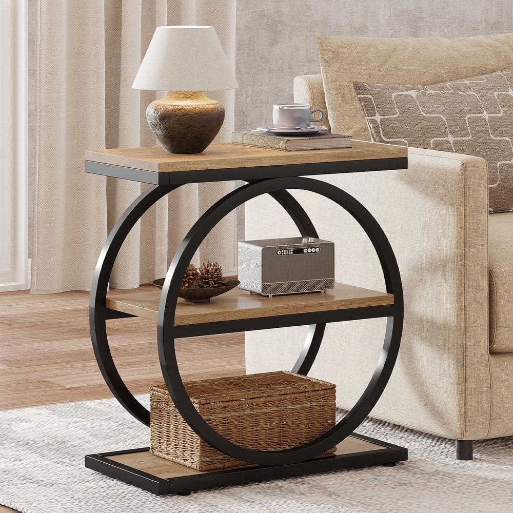 Kerlin 23.6 in. Brown Rectangle Wood End Table, Narrow End Table with 3-Storage Shelves, Industrial Sofa Side Table