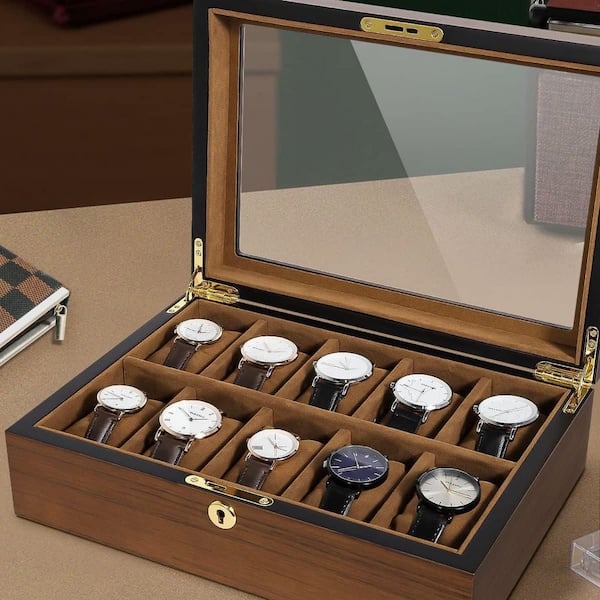 Brown Wood 10-Slot Watch Box with Glass Lid and Velvet