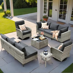 Holston 10-Piece Wicker Outdoor Patio Conversation Sofa Sectional Set with Swivel Rocking Chairs and Black Cushions