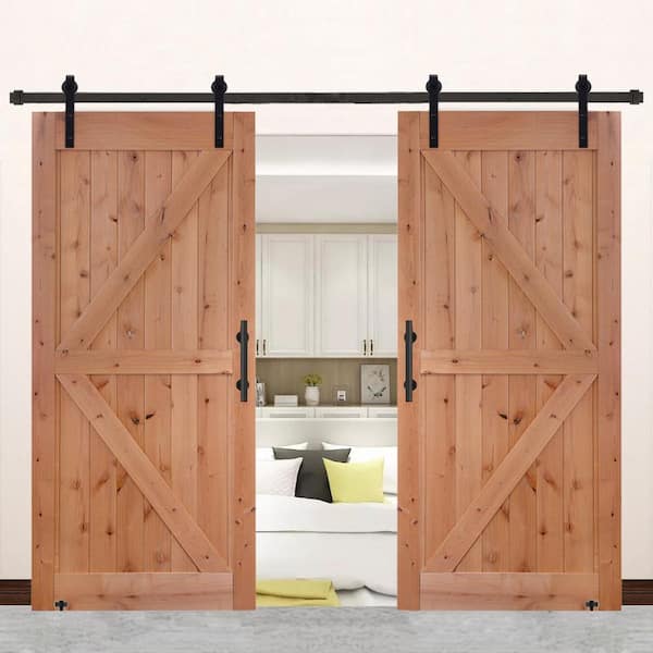 76 in. x 84 in. Assembled Bi-Parting Rustic Unfinished Hardwood Interior Sliding Barn Door Slab with Hardware Kit