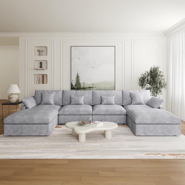 J&E Home 155.9 in. Slope Arm 6-Piece U-Shaped Linen Modern Oversize Modular Sectional Sofa Couch in Gray with Ottoman