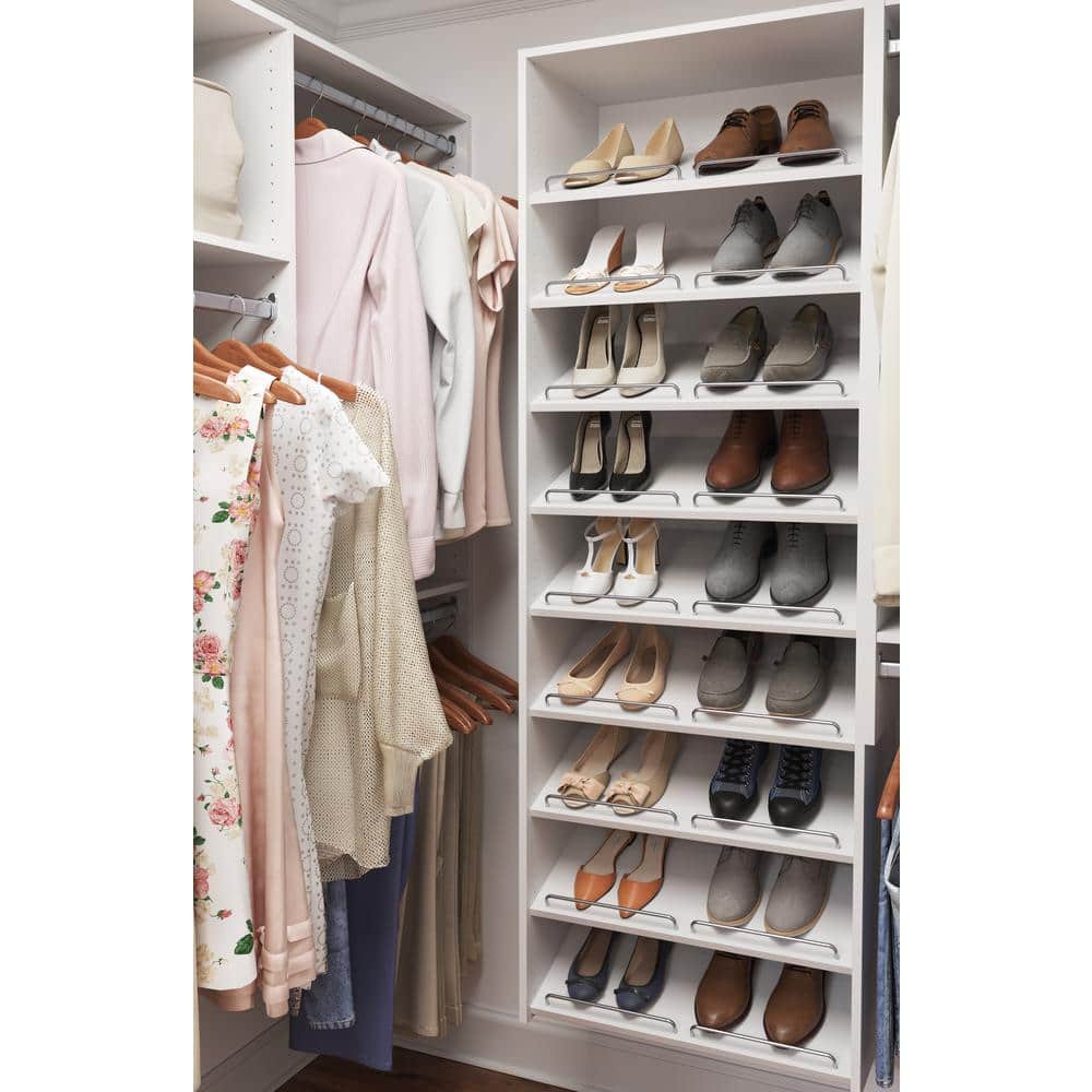 White Laminate Slanted Shoe Shelves with Chrome Rails, 24 Inch