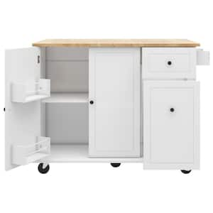 White Rubber Wood Kitchen Cart with Drop-Leaf, 3-Tier Pull Out Cabinet Organizer, Spice Rack and Towel Rack