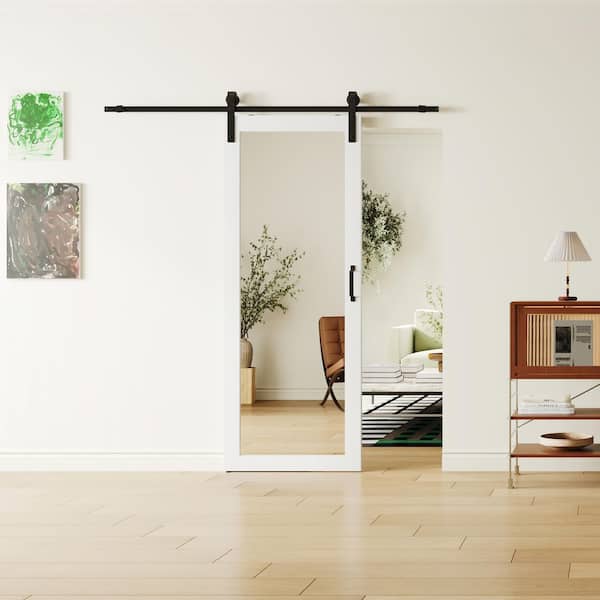 30 in. x 84 in. Full Lite Mirrored Glass White PVC Covering MDF Barn Door Slab with Full Hardware Kit Set, Pre-drilled