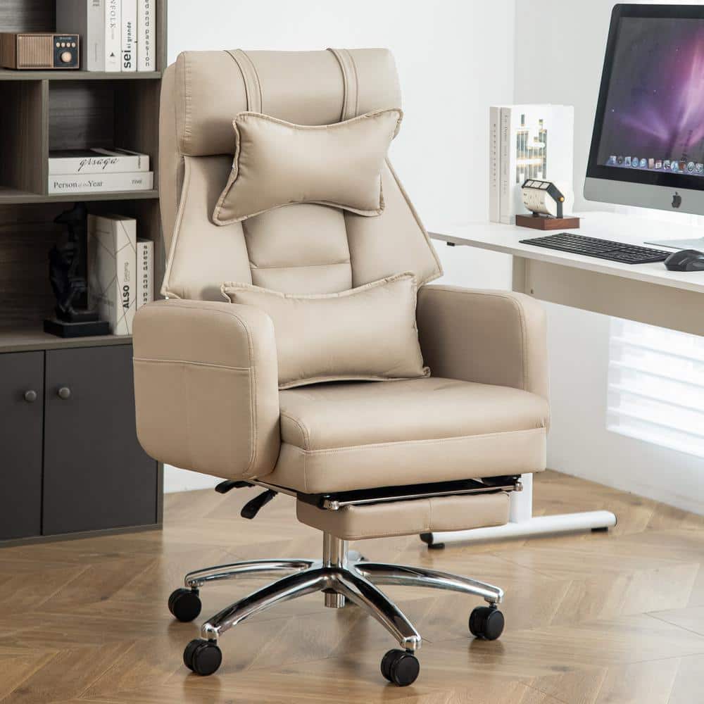 Leather Swivel Ergonomic Office Chair Executive Chairs High Back Boss Chair 155° Reclining Computer Chair in Beige - Thumbnail 4