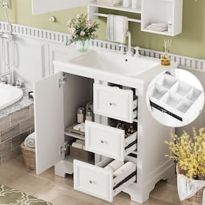 30 in. W Single Sink Bath Vanity in White with White Ceramic Top, 3-Drawers and Adjustable Shelf Unassembled