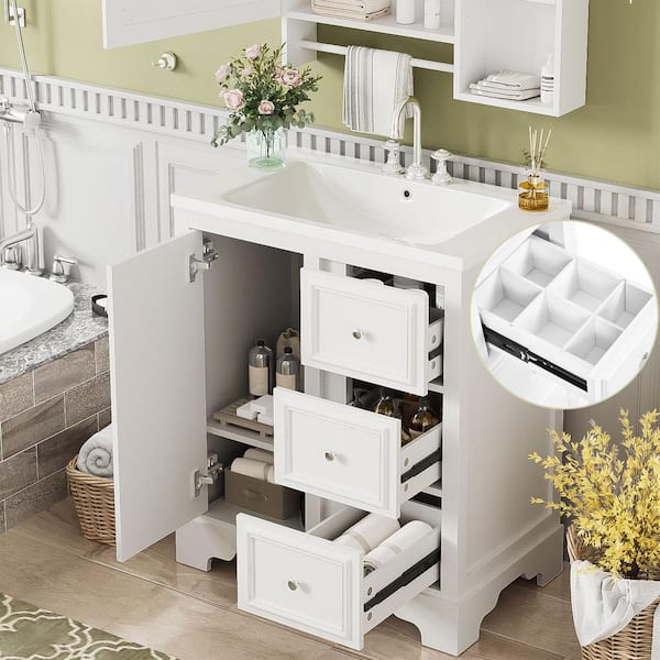 30 in. W Single Sink Bath Vanity in White with White Ceramic Top, 3-Drawers and Adjustable Shelf Unassembled