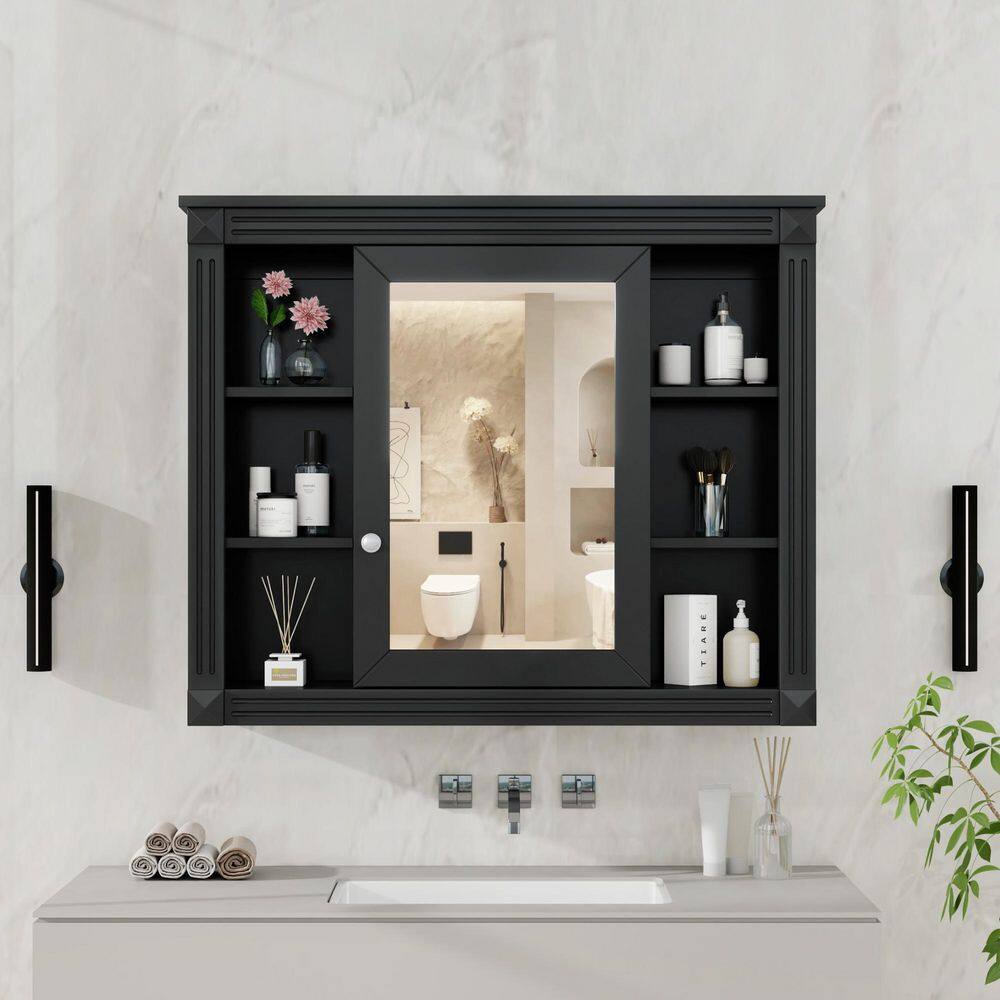 35 in. W x 28.7 in. H Rectangular MDF Wood Surface Mounted Medicine Cabinet with Mirror in Black price history on PriceWatchPro