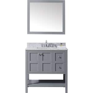 Winterfell 36 in. W Bath Vanity in Gray with Marble Vanity Top in White with Square Basin and Mirror