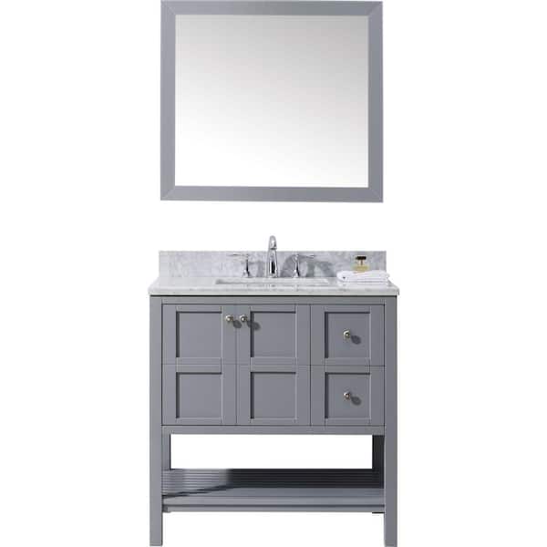 Virtu USA Winterfell 36 in. W Bath Vanity in Gray with Marble Vanity Top in White with Square Basin and Mirror