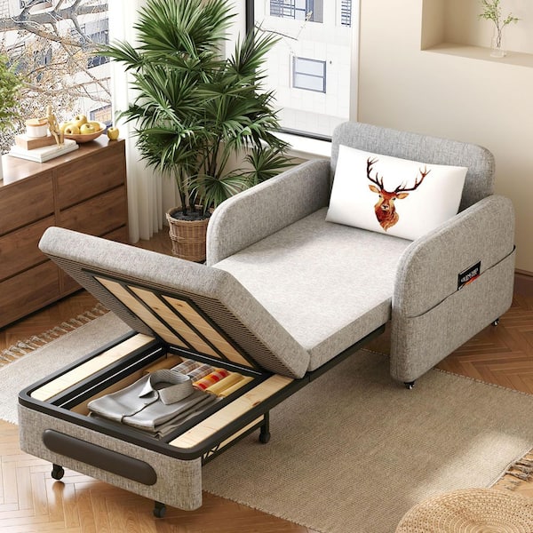34.6 in. Grey Fabric Twin Size Sofa Bed, Cotton Blend