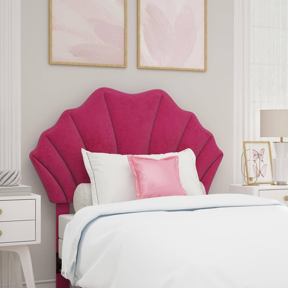 Pink Faux Velvet Tufted Twin Headboard with Seashell Design