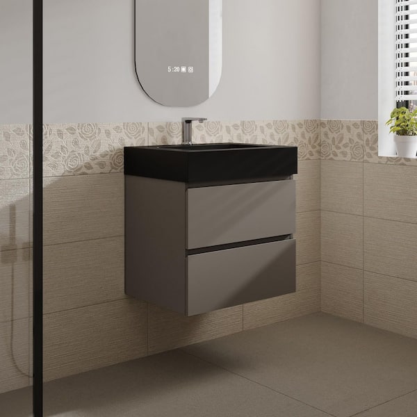 MEDUNJESS Aaby 24 in. W x 18 in. D x 25 in. H Wall Mounted Floating Bath Vanity Cabinet in Gray with Black Quartz Top and Sink