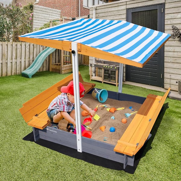 Wooden Sandbox with Canopy, 4 ft. W x 3 ft. L Sandbox, Sand Pit with Foldable Bench Seats and Bottom Liner