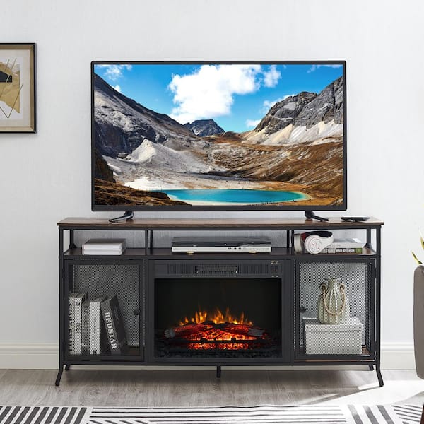 GOOD & GRACIOUS 55.5 in. Rustic Brown TV Stand Cabinet Sideboard with Electric Fireplace Fits TV's Up to 65 in. with Movable Shelves