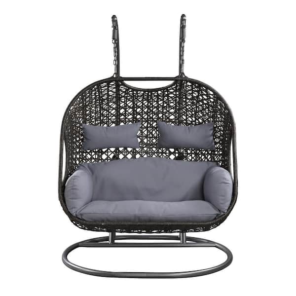 Black Wicker Double-Seat Patio Swing Chair with Stand and Gary Cushions
