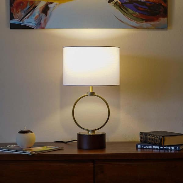 Modern 21 in. White Cylinder Shade Metal Table Lamp for Bedside Bedroom with White Wood Shade, E26 Bulbs Not Included