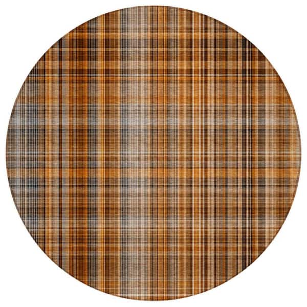 Terracotta 8 ft. Round Woven Plaid Round Indoor/Outdoor Area Rug