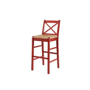Dorsey Mason Red Wood Bar Stool with Back and Woven Rush Seat