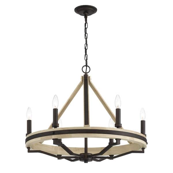 Sonoma 6-Light Dark Bronze with Natural Solid Oak Wood Wagon Wheel Chandelier for Dining Room, Kitchen No Bulbs Included