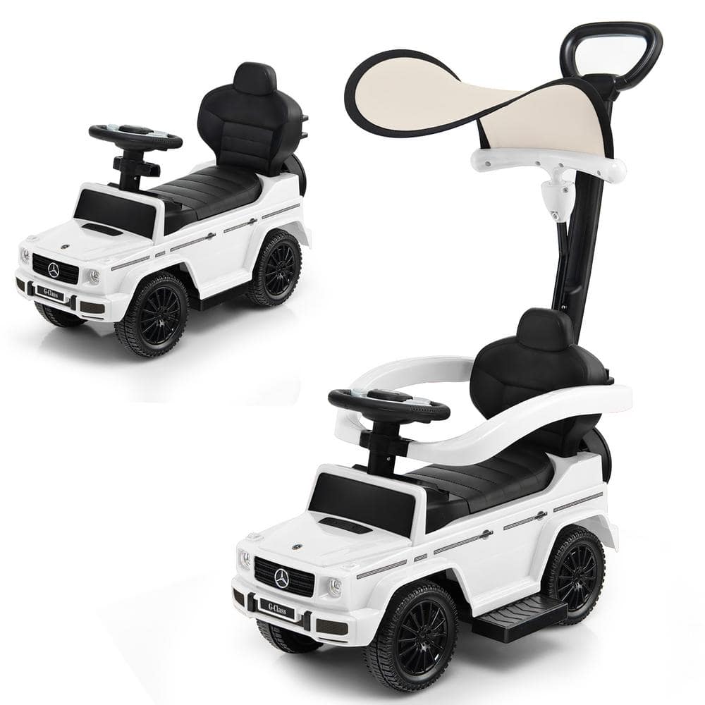 3-in-1 Ride On Push Car Mercedes Benz G350 Stroller Sliding Car with Canopy-White | Costway