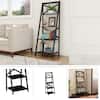 Collage showing a black ladder bookshelf in lifestyle and studio views.