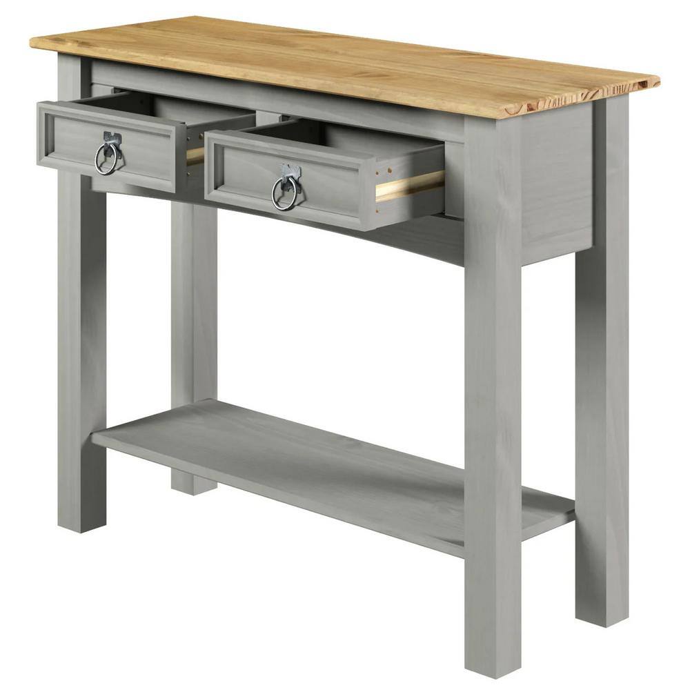 Gray and Antique Brown Solid Pine Console Table with Storage